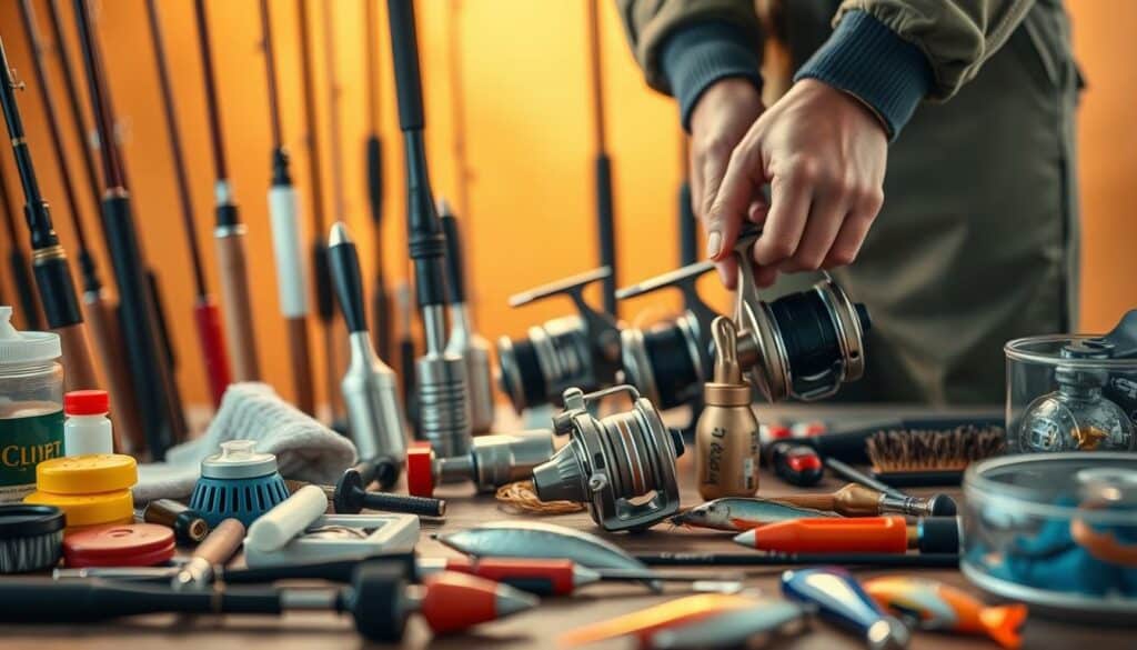 A close-up shot of a pair of skilled hands carefully cleaning and maintaining an array of fishing rods, reels, and lures against a warm, well-lit backdrop. The foreground features various tools and supplies such as brushes, cloths, lubricants, and tackle boxes, neatly organized and ready for use. The middle ground showcases the fishing equipment in pristine condition, with each component meticulously inspected and prepared for the next fishing expedition. The background softly blurs to emphasize the focus on the hands-on maintenance process, conveying a sense of dedication and care for one's angling gear.