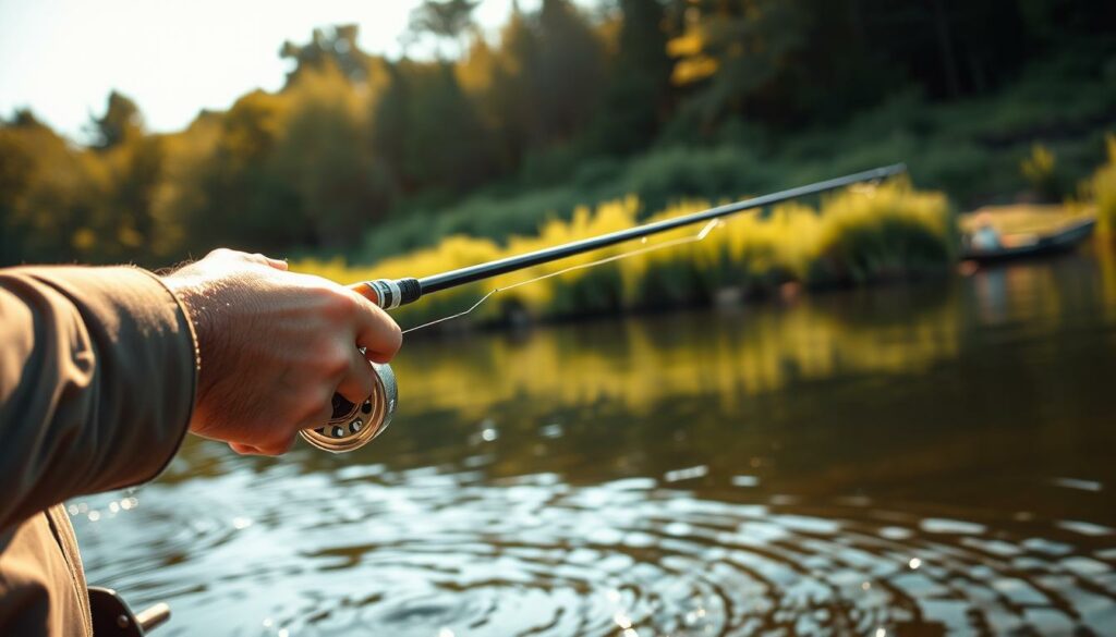 A close-up view of a skilled angler expertly casting a fishing line into a tranquil, sun-dappled river. The foreground features the fisherman's hands deftly manipulating the rod and reel, while the middle ground showcases the graceful arc of the line as it slices through the air, ready to tempt a hungry hornhecht. The background depicts a lush, verdant riverbank, with gentle ripples on the water's surface hinting at the presence of the elusive, long-snouted fish. The lighting is warm and natural, casting a golden glow over the entire scene, evoking a sense of serenity and the thrill of the hunt.