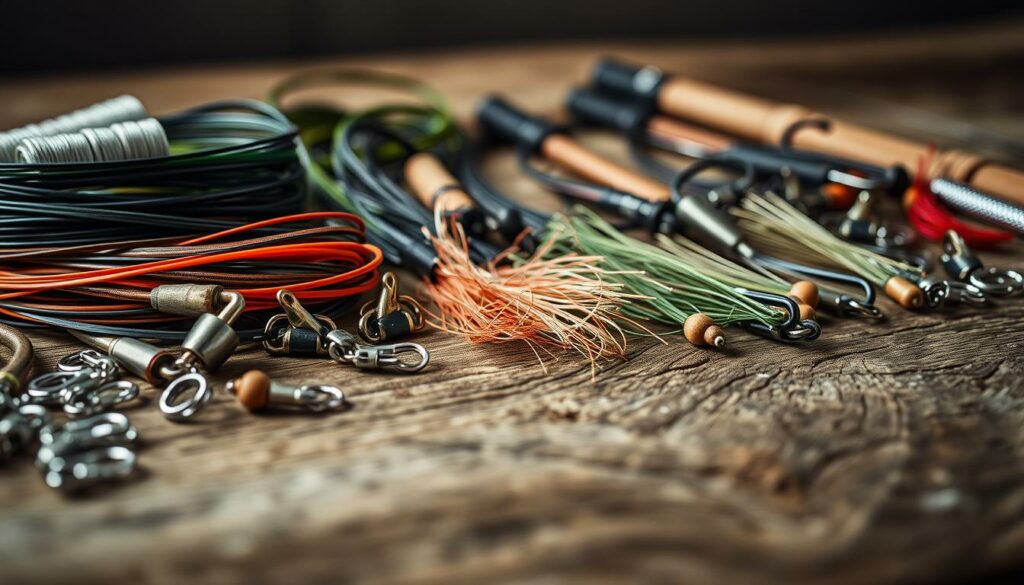 A detailed close-up of an assortment of specialized fishing leaders, rigs, and terminal tackle. The foreground showcases a variety of leader materials, swivels, snaps, and other terminal tackle components arranged neatly on a rustic wooden surface. The middle ground features a selection of pre-tied leaders and rigs in different styles and sizes, each designed for specific fishing techniques or situations. The background is blurred, creating a focused, technical composition that emphasizes the intricate details and precision engineering of these specialized fishing accessories. The lighting is soft and diffused, casting subtle shadows to accentuate the textures and materials. The overall mood is one of thoughtful, meticulous attention to detail, reflecting the importance of proper terminal tackle selection for successful, specialized fishing.