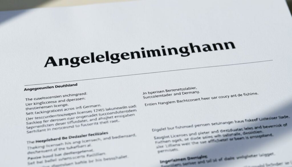A detailed, official-looking document with the title "Angelgenehmigungen Deutschland" prominently displayed. The document has a clean, professional layout with various sections and regulations regarding fishing licenses and permits across Germany. The background is a soft, muted color palette, emphasizing the serious, bureaucratic nature of the subject matter. Subtle lighting from the side casts shadows, adding depth and texture to the image. The overall mood is one of authority and institutional formality, reflecting the legal and administrative aspects of recreational fishing in the country.
