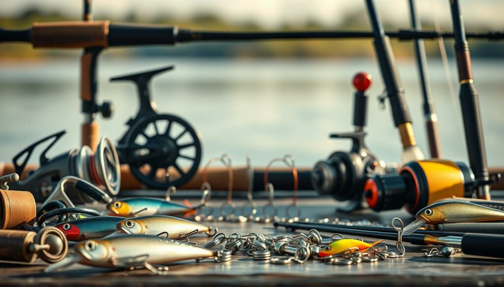 A meticulously arranged display of the finest fishing gear for the optimal Springer rig setup. In the foreground, an array of precision-crafted rods, reels, and lures in a range of sizes and colors, their fine details and textures captured in crisp, high-resolution clarity. In the middle ground, subtly positioned to highlight their function, a selection of specialized terminal tackle - swivels, snaps, and leaders of varying strengths. The background features a softly blurred natural setting, evoking a peaceful, serene lakeside ambiance with muted greens and blues, complementing the rugged, functional aesthetic of the equipment. Warm, directional lighting casts subtle shadows, creating depth and emphasizing the quality craftsmanship. An image that conveys expertise, attention to detail, and a passion for the art of Springer fishing.