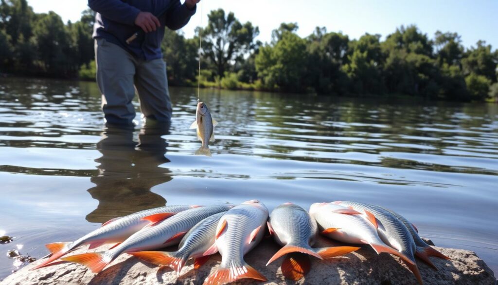 A picturesque lakeside scene, with a fisherman standing waist-deep in the calm, reflective waters, carefully handling a live bait fish on his line. The sun casts a warm glow, highlighting the subtle movements of the bait as it struggles to stay afloat. In the foreground, a variety of freshly caught fish lie on a nearby rock, their vibrant scales glistening. In the background, lush green foliage frames the serene setting, creating a sense of tranquility and the timeless connection between angler and nature.