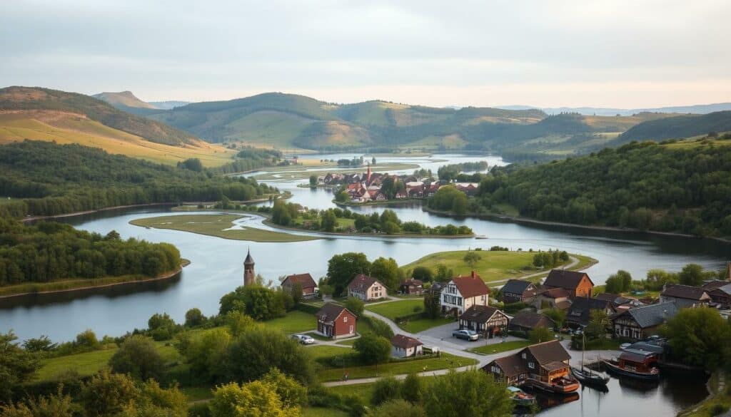 A scenic landscape of the Angeln region in Schleswig-Holstein, Germany. Rolling hills dotted with lush vegetation, pristine lakes and winding streams. In the foreground, a quaint fishing village with charming half-timbered houses and a small harbor where traditional wooden boats are moored. Anglers can be seen casting their lines, enjoying the tranquil setting. The sky is a soft, muted palette of blues and grays, creating a serene, atmospheric ambiance. Warm, natural lighting illuminates the scene, highlighting the lush greenery and the reflections on the calm waters. The overall mood is one of peaceful solitude, perfectly capturing the essence of this picturesque corner of Schleswig-Holstein.