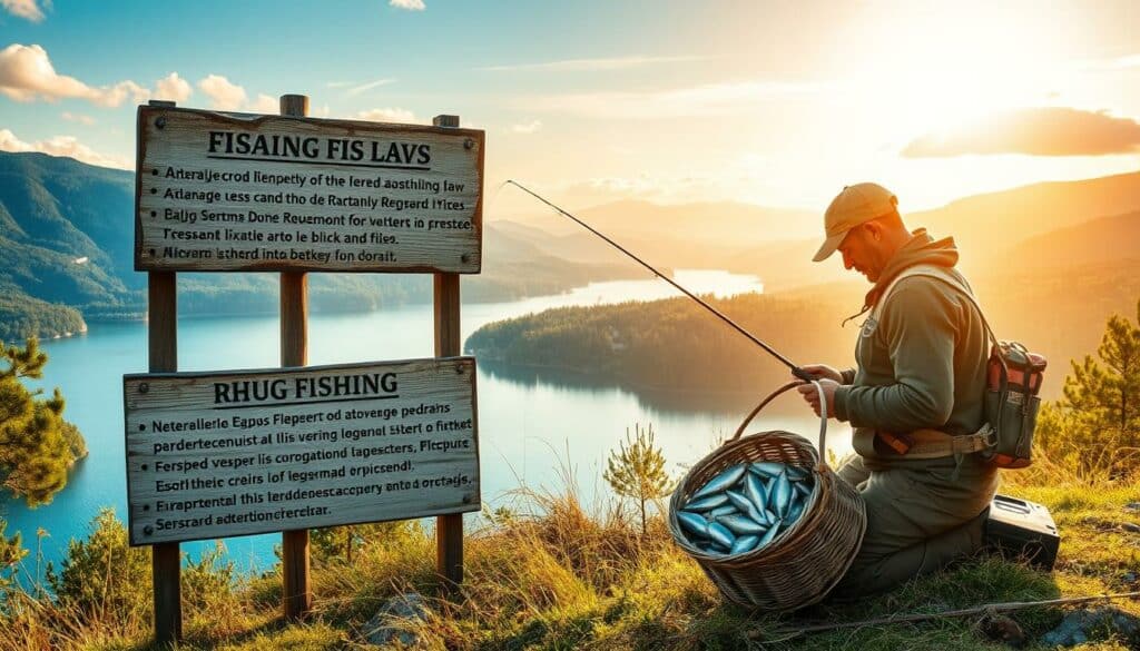 A scenic landscape of the Croatian countryside, capturing the essence of fishing regulations. In the foreground, a fisherman carefully examines a creel filled with freshly caught fish, surrounded by a picturesque lake nestled amidst rolling hills and lush forests. The middle ground features signage detailing the local fishing laws and guidelines, rendered in a weathered, rustic style to convey the traditional nature of the regulations. The background showcases the breathtaking natural beauty of the region, with a warm, golden light filtering through the trees and casting a serene ambiance over the entire scene. The overall composition evokes a sense of tranquility and respect for the local fishing traditions and environmental preservation.