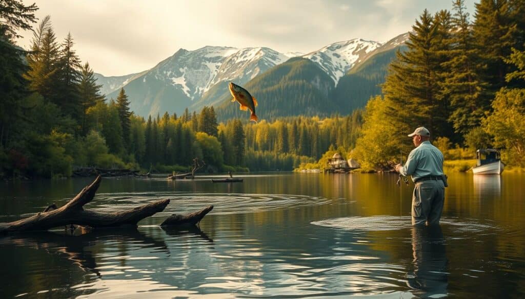 A serene lake surrounded by lush, verdant foliage. In the foreground, a fisherman casts his line, a high-quality, lifelike wobbler lure glistening as it arcs through the air. The middle ground reveals a variety of aquatic habitats, from submerged logs to rocky outcroppings, each presenting unique opportunities for the wobbler's versatile action. The background features towering mountains, their peaks capped with snow, casting a warm, golden glow over the entire scene. The lighting is soft and diffused, creating a sense of tranquility and natural harmony. The camera angle is positioned at eye level, immersing the viewer in the serene fishing experience. This image captures the diverse Einsatzgebiete, or applications, of the wobbler lure in a picturesque, realistic setting.