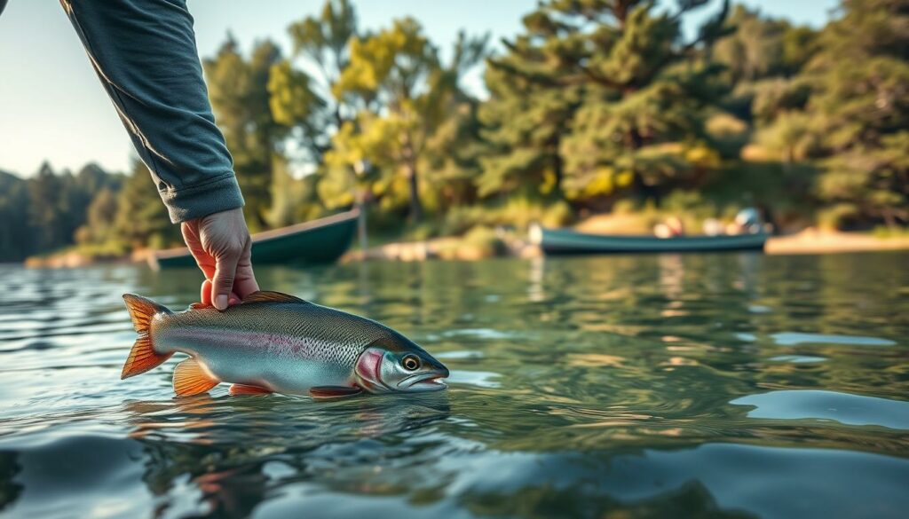 A serene lakeside scene showcasing sustainable fishing practices. In the foreground, a fisherman carefully releases a catch-and-release trout back into the crystal-clear waters, ensuring its safe return to the ecosystem. The middle ground features a well-maintained, eco-friendly fishing boat with minimal environmental impact. The background depicts a lush, verdant shoreline with mature trees and native vegetation, creating a harmonious natural setting. Soft, natural lighting filters through the scene, highlighting the responsible stewardship of the angler and the tranquil, well-preserved natural environment. The overall atmosphere conveys a sense of balance and respect for the delicate balance of the aquatic habitat.