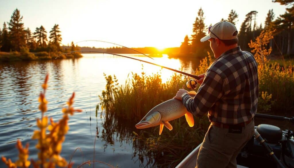 A serene lakeside scene, the sun's golden rays gently illuminating the calm waters. In the foreground, a skilled angler casts his line with precision, his focus unwavering as he anticipates the telltale strike of a mighty northern pike. Surrounding him, lush vegetation and towering pines create a picturesque natural backdrop, the perfect setting for the best time of day to pursue these elusive and thrilling gamefish. The scene exudes a sense of tranquility and the thrill of the hunt, capturing the essence of the optimal time for successful pike fishing.