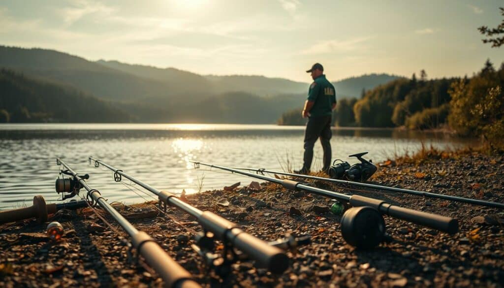 A serene lakeside setting in the German state of Mecklenburg-Vorpommern. In the foreground, fishing rods and tackle lie abandoned, representing the unlawful angling activity. The middle ground depicts a lone fisherman being approached by a uniformed enforcement officer, signifying the consequences of fishing without a license. In the background, the picturesque landscape unfolds, with rolling hills, lush forests, and a tranquil body of water reflecting the natural beauty of the region. The scene is bathed in warm, golden-hour lighting, creating a contemplative mood that underscores the gravity of the situation. Captured with a wide-angle lens to emphasize the scale and grandeur of the environment.