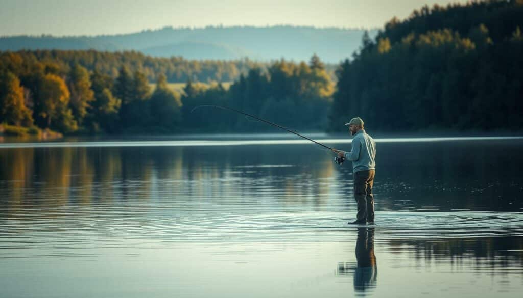 A serene lakeside setting in the Swedish countryside, with a lone fisherman carefully casting his line into the still, reflective waters. The scene is bathed in soft, warm lighting, creating a peaceful, contemplative atmosphere. In the background, lush, verdant forests line the shore, hinting at the natural abundance of the region. The fisherman's movements are deliberate and mindful, embodying a responsible, sustainable approach to the sport. His equipment is minimal and unobtrusive, blending seamlessly with the natural environment. The overall impression is one of harmony between man and nature, emphasizing the importance of ethical, eco-conscious practices in fishing.
