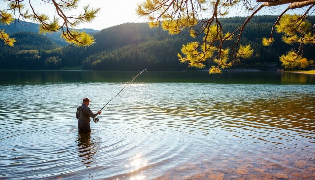 A serene landscape at the Möhnetalsperre, a tranquil reservoir nestled in the picturesque Sauerland region of Germany. The glimmering waters reflect the verdant hills and lush forests that surround the dam, creating a picturesque scene. In the foreground, a lone angler stands waist-deep in the clear, cool waters, their fishing line cast out towards the distant shoreline, patiently waiting for a strike from the elusive brown trout that thrive in this pristine environment. Warm, golden sunlight filters through the swaying trees, casting a soft, warm glow over the entire scene, evoking a sense of peace and solitude. The scene exudes a serene, tranquil atmosphere, perfectly capturing the essence of the "Forellen Angeln" experience at this renowned trout fishing destination.