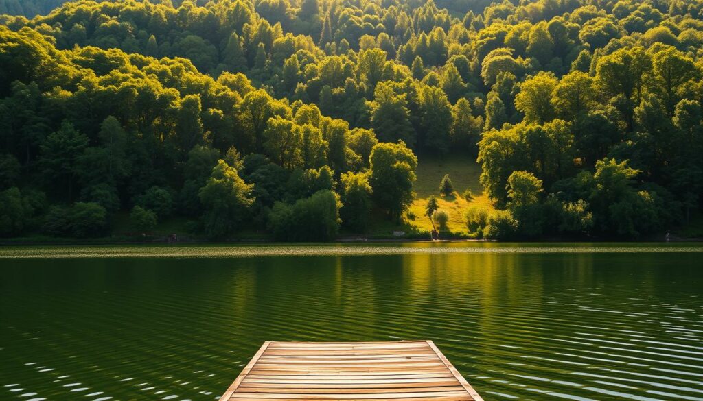 A serene landscape of protected natural areas, "Naturschutzgebiete," showcasing the beauty and diversity of German wilderness. Rolling hills blanketed in lush, verdant foliage, with towering trees casting dappled shadows. A tranquil lake reflects the surrounding scenery, its still waters rippling gently. In the foreground, a wooden dock or pier extends into the water, inviting exploration. Warm, golden sunlight filters through the canopy, creating a warm, inviting atmosphere. The scene evokes a sense of peace, conservation, and the importance of preserving these precious natural sanctuaries.