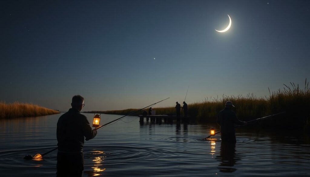A serene nighttime scene of anglers fishing for plaice (also known as Schollen) on a calm coastal river. The foreground depicts two fishermen silhouetted against the water, their fishing lines cast into the gently rippling surface. Warm lantern light illuminates their faces and casts a soft glow over the scene. The middle ground features a wooden dock or pier extending into the river, with a few additional anglers visible. In the background, the riverbanks are lined with tall reeds and grasses, creating a natural, tranquil atmosphere. The night sky is clear, with a crescent moon and twinkling stars visible overhead, casting a ethereal, atmospheric light across the entire composition. The mood is one of peaceful solitude and the thrill of the catch during the optimal time for plaice fishing.