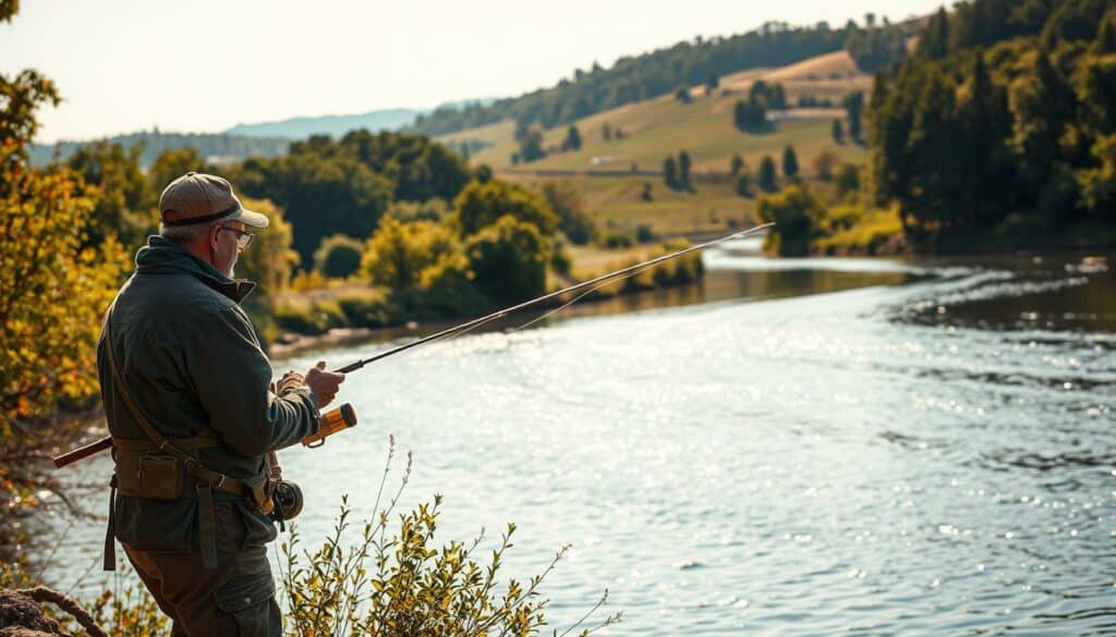 A serene riverside scene along the Elbe River, with an angler carefully casting their line into the glistening waters. The foreground features the angler, clad in weathered fishing gear, focusing intently on their task. The middle ground showcases the tranquil, meandering Elbe, its surface reflecting the surrounding lush, verdant foliage. In the background, gently rolling hills and a picturesque countryside landscape create a peaceful, pastoral atmosphere. The lighting is soft and natural, with warm hues casting a golden glow across the scene. The overall composition conveys the artful, time-honored practice of fishing along the Elbe River.