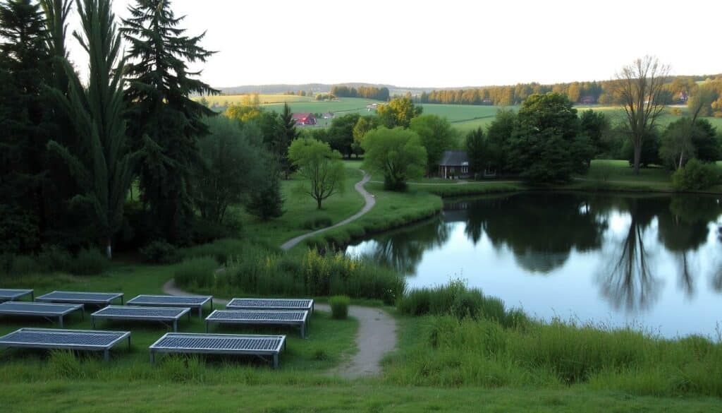 A serene trout pond nestled in the Dutch countryside, its glassy surface reflecting the verdant banks and towering trees that surround it. In the foreground, neatly arranged rows of wooden fishing platforms sit empty, awaiting the arrival of eager anglers. The middle ground features a pathway winding through a lush forest, inviting visitors to explore the tranquil setting. The background is dominated by a picturesque rural landscape, with rolling hills and quaint farmhouses in the distance, bathed in the warm glow of a golden-hour sunset. The overall scene conveys a sense of peaceful solitude, ideal for the leisurely pursuit of trout fishing.