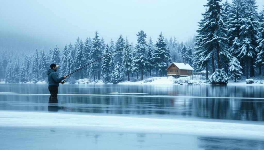 A serene winter landscape with a calm, frozen lake surrounded by snow-covered pine trees. In the foreground, an angler stands waist-deep in the icy waters, expertly maneuvering his fishing rod to entice a catch. The scene is bathed in a soft, cool light, creating a tranquil and contemplative atmosphere. The angler's movements are precise and deliberate, reflecting their years of experience and familiarity with the best techniques for January fishing. In the distance, a cabin nestled among the trees adds a cozy touch to the scene, hinting at the warmth and comfort that awaits the angler upon their return.