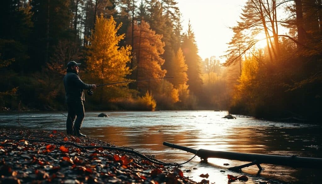A tranquil autumn scene in a forested river setting, showcasing the seasonal techniques for catching zander. In the foreground, an angler is skillfully casting a lure, their silhouette illuminated by the warm glow of the setting sun. The middle ground features the river's edge, with fallen leaves and driftwood creating a natural, textured backdrop. In the background, tall trees in vibrant autumnal hues frame the scene, creating a sense of depth and atmosphere. The lighting is soft and diffused, casting a golden amber tone over the entire composition, evoking the essence of the transitional season. The overall mood is one of peaceful contemplation, reflecting the optimal time for targeting this elusive freshwater predator.