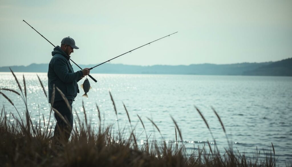 A tranquil coastal scene along the Baltic Sea, with a fisherman intently focused on landing a plump flatfish. In the foreground, the angler carefully manipulates his rod, his movements precise and deliberate as he reels in his catch. The water's surface glistens under a soft, overcast sky, casting a muted, atmospheric light across the serene landscape. In the middle ground, the shoreline is dotted with hardy beach grasses, their fronds gently swaying in the light breeze. In the distance, the horizon is lined with the silhouettes of rolling hills, creating a sense of depth and scale. The overall mood is one of quiet contemplation, inviting the viewer to share in the solitary experience of shore fishing for plentiful flatfish species like flounder, plaice, and dab.