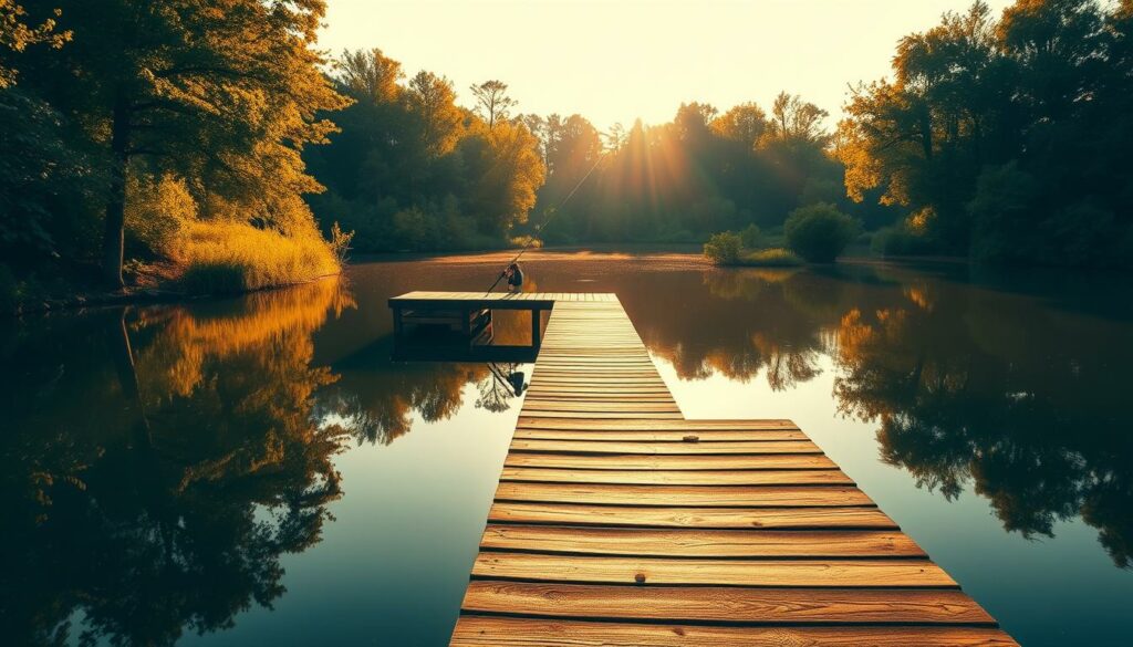 A tranquil lakeside setting with lush greenery along the banks, creating the ideal "beste Bedingungen für Drop Shot" fishing scenario. Warm, diffused sunlight filters through the trees, casting a golden glow over the still, mirror-like water. A wooden dock extends into the lake, providing the perfect vantage point for a skilled angler employing the drop shot technique. High-contrast shadows and highlights accentuate the textures of the natural surroundings, while a sense of peaceful solitude pervades the scene. The camera angle is slightly elevated, capturing the serene beauty of this picturesque location that represents the optimal conditions for effective drop shot fishing.