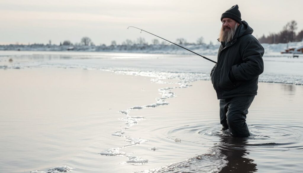A tranquil winter scene at the Ostsee, the Baltic Sea. In the foreground, a lone fisherman stands knee-deep in the icy waters, his weathered face framed by a woolen cap. Gently lapping waves cast a shimmering reflection on the surface, while in the middle ground, a dusting of snow blankets the shore, dotted with the outlines of fishing poles. The background reveals a panoramic view of the coastline, with sparse trees silhouetted against a pale, overcast sky. Soft, diffused lighting imbues the scene with a serene, contemplative mood, capturing the solitude and peacefulness of wintertime angling on the Ostsee.
