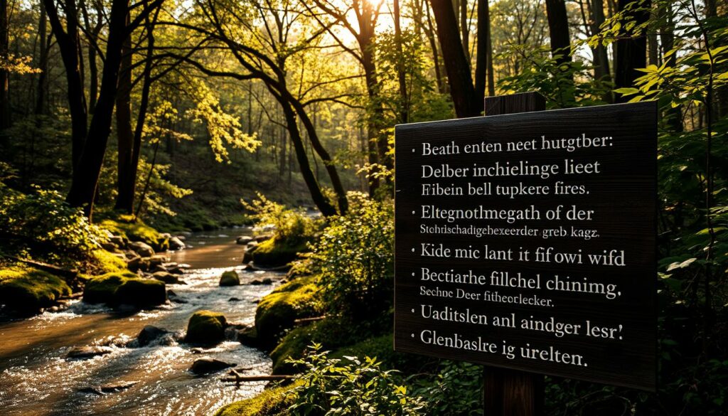 A tranquil woodland setting, with a serene stream meandering through the lush foliage. Sunlight filters through the canopy, casting a warm, golden glow over the scene. In the foreground, a weathered wooden sign displays a collection of classic English angling phrases, their German translations elegantly calligraphed beneath. The sign stands as a bridge between cultures, inviting the viewer to explore the shared language of fishing wisdom. The overall mood is one of contemplation and appreciation for the timeless art of the angle.