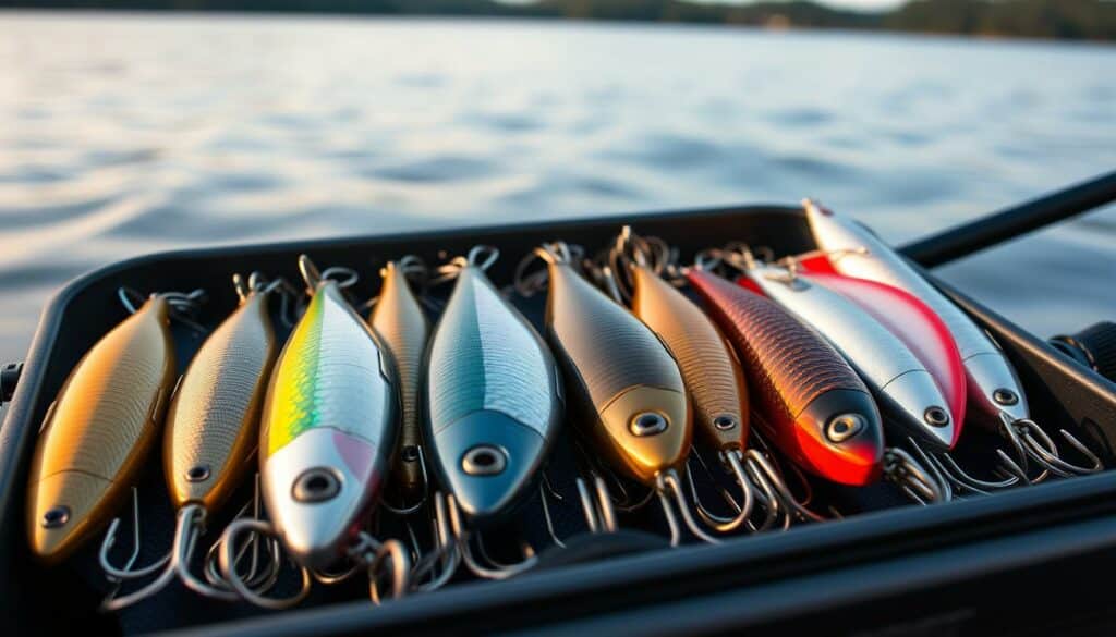 A well-stocked tackle box with an array of meticulously crafted blinker lures, each a testament to the angler's expertise. The lures glisten under the soft, diffused lighting, their metallic surfaces reflecting the subtle hues of the natural setting. In the background, a serene lake or river, its surface gently rippled by a light breeze, sets the stage for the perfect blinker fishing adventure. The composition captures the essence of the dedicated angler's pursuit, showcasing the essential equipment needed to master the art of blinker fishing.